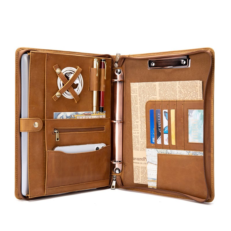 YIWEN Handmade Genuine Leather Portfolio, Zippered Padfolio with 3 Ring Binder, Professional Business Organizer, Resume Folder, Notebook Organizer with Tablet Document Holder for Men, Women, Business Trip - Image 1